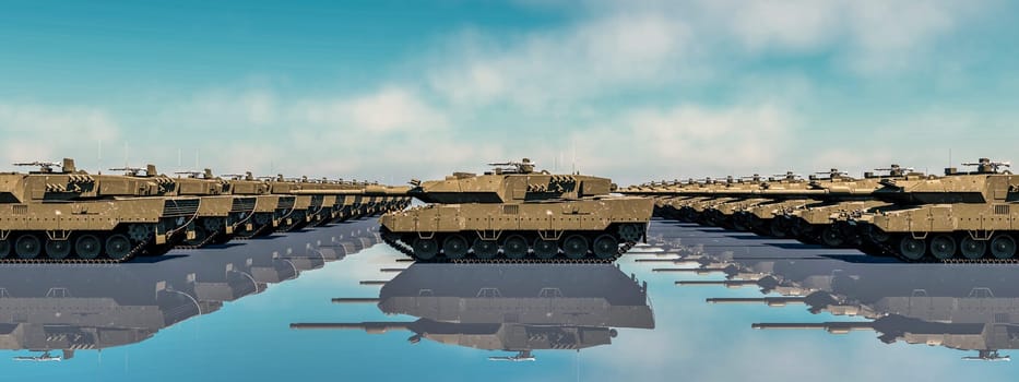 A powerful display of military tanks, their reflections creating a symmetrical vision of strength on water