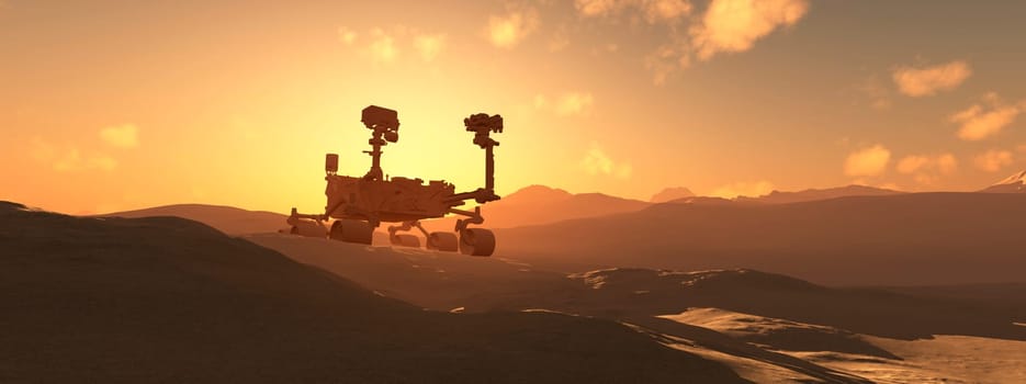 The silhouette of a robotic rover against a backdrop of a sunlit Martian landscape