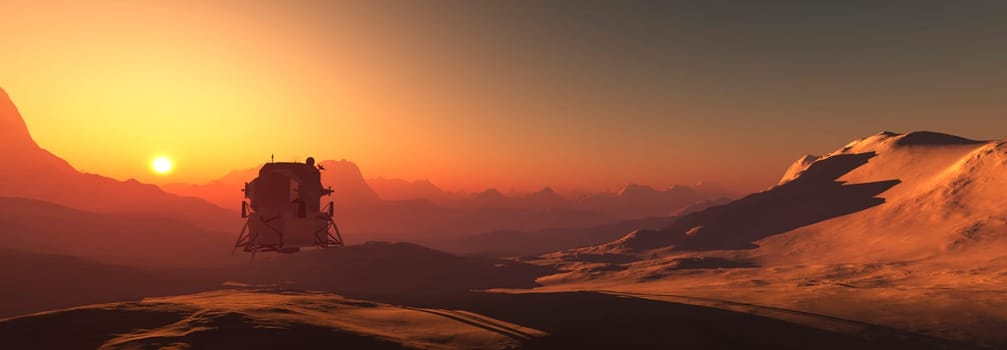 A lunar module perched on a ridge overlooks a sunset casting an orange glow on an alien landscape