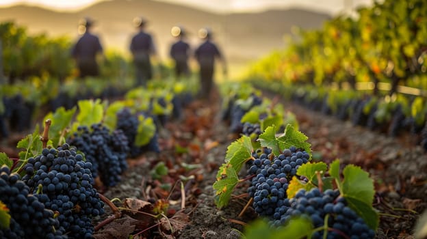 Sprawling Vineyard at Harvest Time with Workers in the Fields, A blur of workers amidst rows of grapevines signifies the labor of wine production.