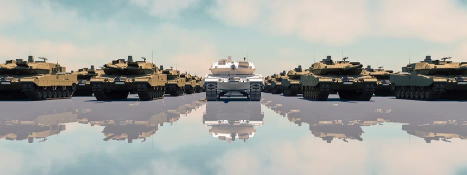 A row of modern tanks mirrored perfectly on a reflective surface, showcasing military precision and readiness