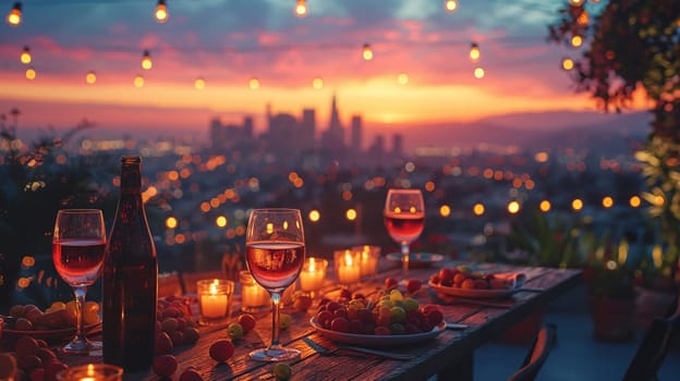 Casual Rooftop Party with City Views and Friends Gathering, The soft lights and distant skyline suggest the relaxed ambiance of social connections.