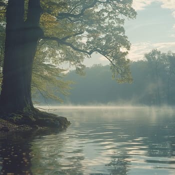 Quiet Morning at a Lakeside Fishing Spot with Mist Rising Off the Water, The soft haze over the water evokes a sense of peace and early-morning solitude.