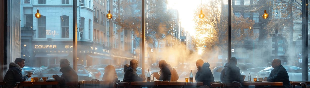 Cozy Coffee House Corner with Blurred Patrons and Steamy Mugs, The hazy warmth of the interior invites contemplation and community.