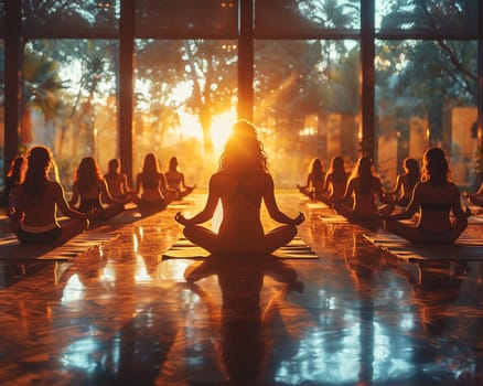 Serene Yoga Class in Session at a Sunlit Wellness Center, The tranquil blur of figures in poses against the morning light emphasizes balance and harmony.