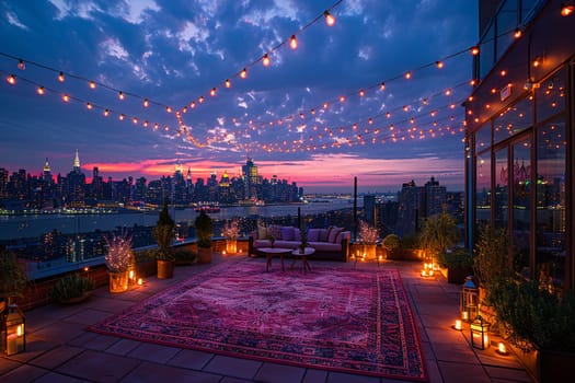 Casual Rooftop Party with City Views and Friends Gathering, The soft lights and distant skyline suggest the relaxed ambiance of social connections.