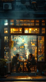 Cozy Coffee House Corner with Blurred Patrons and Steamy Mugs, The hazy warmth of the interior invites contemplation and community.