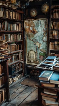 Vintage Bookstore with Antique Maps of the World Fading into Shelves, Blurred edges of ancient maps hint at historical exploration and literary charm.