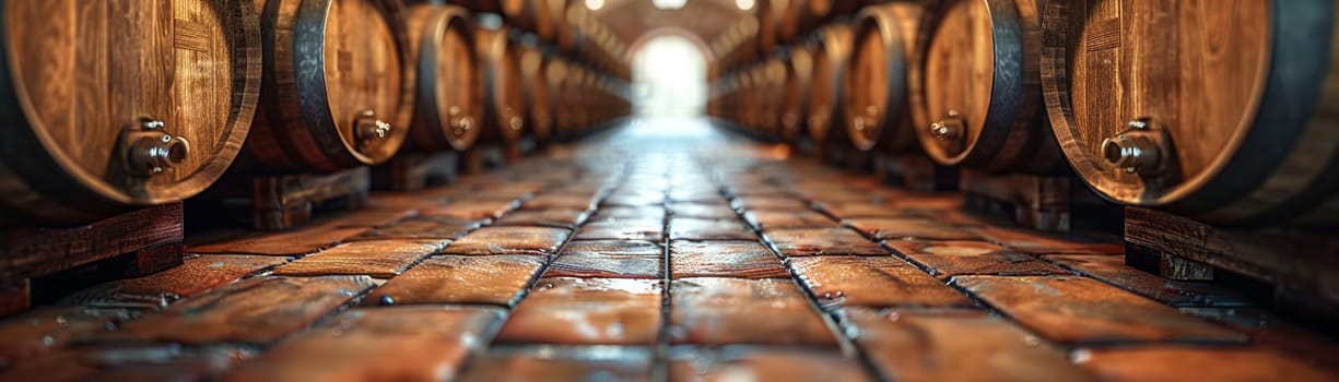 Vintage Winemaking Cellar with Barrels in Soft Focus, The shadowy outlines of wine barrels suggest tradition and the aging of fine wines.