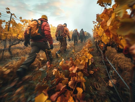Sprawling Vineyard at Harvest Time with Workers in the Fields, A blur of workers amidst rows of grapevines signifies the labor of wine production.