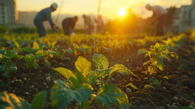 Farmers Tending to Crops in a Fertile Field with Soft Sunrise The gentle blur of workers and land suggests the timeless rhythm of agriculture. Urban Skyline Overlooking Bustling Financial District.