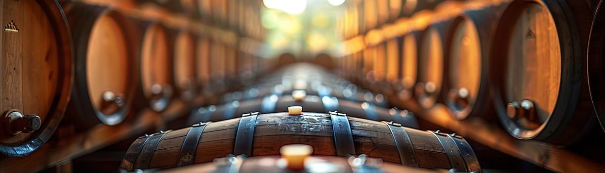 Vintage Winemaking Cellar with Barrels in Soft Focus, The shadowy outlines of wine barrels suggest tradition and the aging of fine wines.