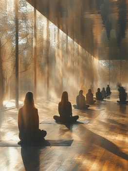 Serene Yoga Class in Session at a Sunlit Wellness Center, The tranquil blur of figures in poses against the morning light emphasizes balance and harmony.