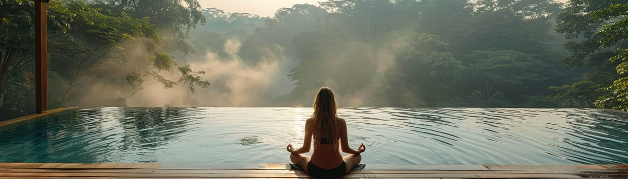 Peaceful Yoga Retreat in Nature with Soft Edges of Serenity, The gentle blend of nature and poses suggests the pursuit of wellness and mindfulness.