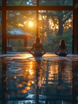 Serene Yoga Class in Session at a Sunlit Wellness Center, The tranquil blur of figures in poses against the morning light emphasizes balance and harmony.