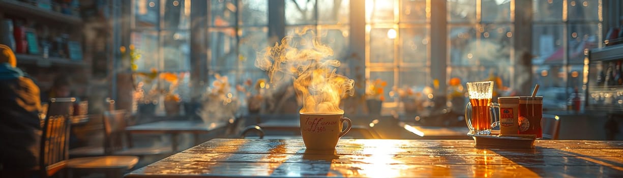 Cozy Coffee House Corner with Blurred Patrons and Steamy Mugs, The hazy warmth of the interior invites contemplation and community.