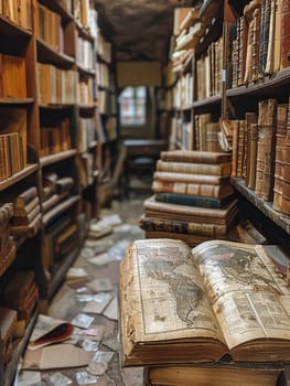 Vintage Bookstore with Antique Maps of the World Fading into Shelves, Blurred edges of ancient maps hint at historical exploration and literary charm.