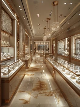 Upmarket Jewelry Store with Precious Gems in Elegant Disarray, The soft shimmer of jewels and glass cases suggests refinement and high-value transactions.