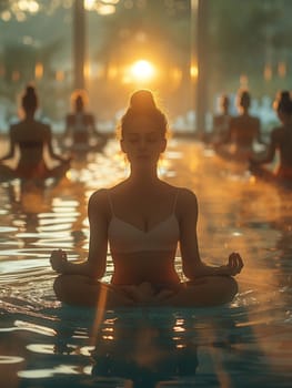 Serene Yoga Class in Session at a Sunlit Wellness Center, The tranquil blur of figures in poses against the morning light emphasizes balance and harmony.