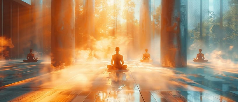 Serene Yoga Class in Session at a Sunlit Wellness Center, The tranquil blur of figures in poses against the morning light emphasizes balance and harmony.