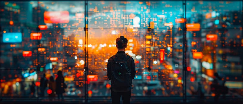 Abstract Tech Workspace with Digital Screens and Creatives Thinking, The blur of screens and deep thought convey the melding of technology and innovation.