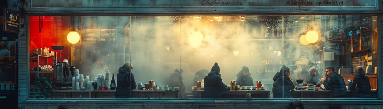 Cozy Coffee House Corner with Blurred Patrons and Steamy Mugs, The hazy warmth of the interior invites contemplation and community.