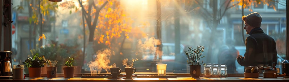 Cozy Coffee House Corner with Blurred Patrons and Steamy Mugs, The hazy warmth of the interior invites contemplation and community.