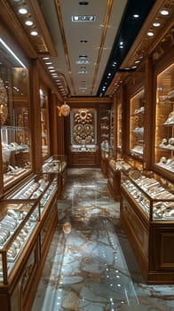 Upmarket Jewelry Store with Precious Gems in Elegant Disarray, The soft shimmer of jewels and glass cases suggests refinement and high-value transactions.