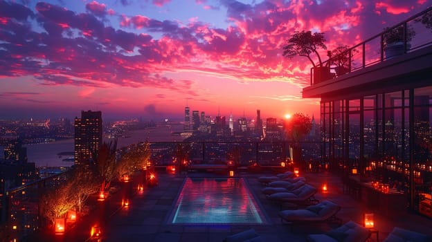 Casual Rooftop Party with City Views and Friends Gathering, The soft lights and distant skyline suggest the relaxed ambiance of social connections.