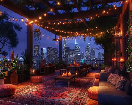 Casual Rooftop Party with City Views and Friends Gathering, The soft lights and distant skyline suggest the relaxed ambiance of social connections.