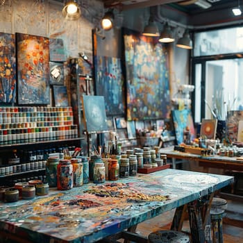 Soft Focus on a Vibrant Art Studio Brimming with Creativity and Color, The blurred edges of art pieces and supplies convey the messy beauty of artistic endeavor.