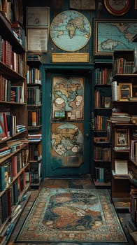 Vintage Bookstore with Antique Maps of the World Fading into Shelves, Blurred edges of ancient maps hint at historical exploration and literary charm.