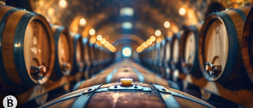 Vintage Winemaking Cellar with Barrels in Soft Focus, The shadowy outlines of wine barrels suggest tradition and the aging of fine wines.