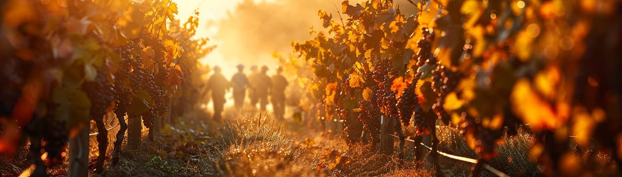 Sprawling Vineyard at Harvest Time with Workers in the Fields, A blur of workers amidst rows of grapevines signifies the labor of wine production.
