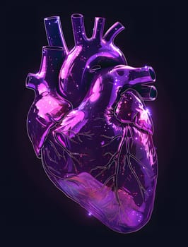 A violet heart is shimmering in the darkness against a black backdrop, emitting a radiant glow reminiscent of electric blue and magenta hues