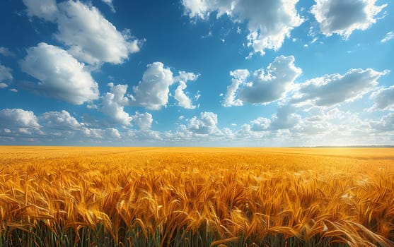 A vast field of wheat sways gently in the wind under a blue sky with fluffy white clouds, creating a picturesque natural landscape