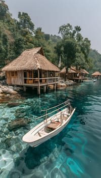 A boat peacefully floats on the tranquil waters of the lake next to a rustic hut, surrounded by lush greenery and under a clear blue sky