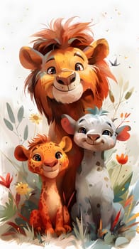 An art piece depicting a vertebrate mammal lion, a giraffe, and a baby lion toy. The organisms show happy expressions, with furry coats and adorable snouts