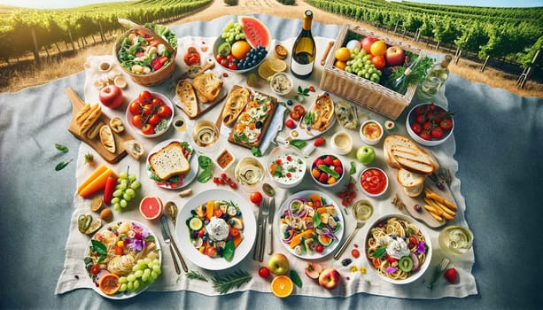 Top-down view of an Italian summer picnic scene, featuring fresh salads, bruschetta, cold pasta, seasonal fruits, and chilled white wine, set outdoors. High quality illustration