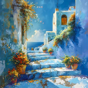 A painting featuring stairs ascending towards the azure ocean, surrounded by blooming flowers and plants under a blue sky, depicting a tranquil natural landscape