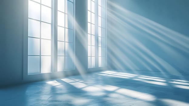 The electric blue sun tints the hardwood flooring of an empty room through the transparent glass windows, casting shades of blue on the wooden walls