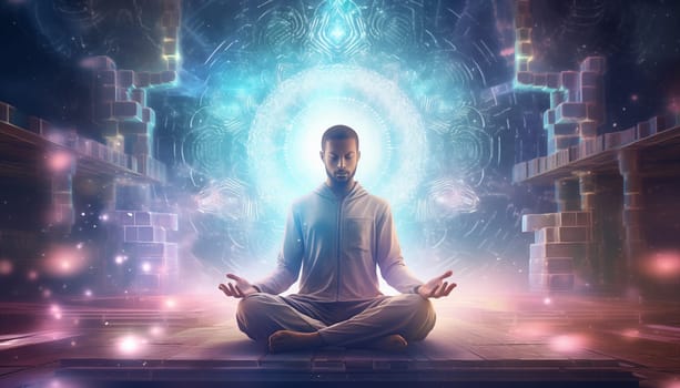 A man finds tranquility as he sits in the center of a room, illuminated by a mesmerizing blue light. Engulfed in a serene ambiance, he embraces the moment, guided by an artificial intelligence leading him through meditation and yoga.