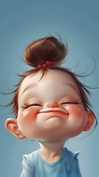 A cartoon of a little girl with her eyes closed, hair in a bun, smiling with pink cheeks, long eyelashes, small ears, and a happy gesture
