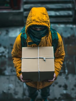 A construction worker wearing a yellow jacket is carrying a cardboard box on the road surface. He is equipped with personal protective equipment and workwear for his job in winter