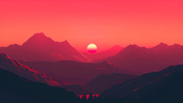 A mountain range with a red sun in the sky.