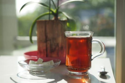 early morning green tea and sugar on table near window .