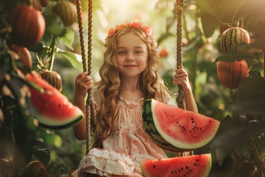 A young girl is swinging on a rope while surrounded by watermelon slices.