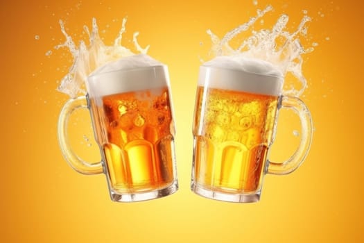 Two glasses of beer are shown in the air, with foam and bubbles. Concept of celebration and enjoyment, as if the two glasses are toasting to a special occasion