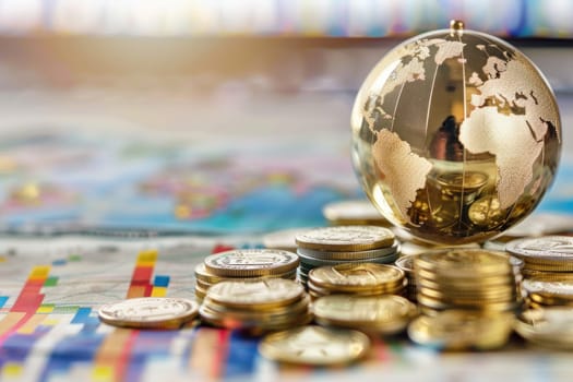 A gold coin sits on top of a pile of pennies and a globe.