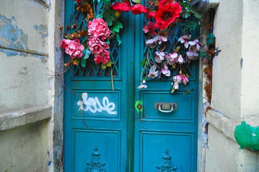blue Colorful Door in Old House .
